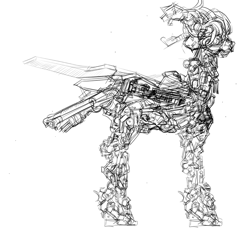 Size: 938x857 | Tagged: safe, artist:oleanderthehorse, oc, oc only, oc:crushingvictory, species:pegasus, species:pony, cyborg, monochrome, roboticization, sketch, solo, transformation, wip