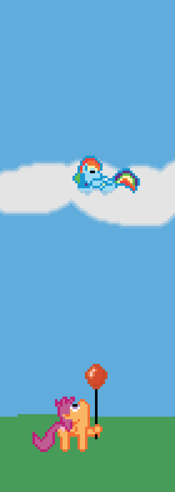 Size: 560x1568 | Tagged: safe, artist:silent pone, derpibooru original, character:rainbow dash, character:scootaloo, species:pegasus, species:pony, animated, balloon, cartoon physics, cloud, female, filly, gif, mare, pixel art, sky, sleeping