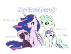 Size: 1014x770 | Tagged: safe, artist:twinklecometyt, character:twilight sparkle, character:twilight sparkle (alicorn), character:vapor trail, oc, oc:orchid song, oc:pearl flight, parent:twilight sparkle, parent:vapor trail, parents:vaporlight, species:alicorn, species:pegasus, species:pony, g4, crack shipping, female, filly, lesbian, magical lesbian spawn, offspring, shipping, simple background, transparent background, vaporlight
