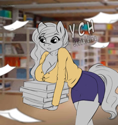 Size: 1214x1280 | Tagged: safe, artist:jerraldina, species:anthro, species:pony, book, breasts, cleavage, clothing, commission, female, library, skirt, your character here