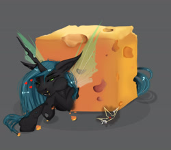 Size: 4000x3500 | Tagged: safe, artist:martazap3, character:queen chrysalis, species:changeling, changeling queen, cheese, eating, female, floating heart, floppy ears, food, gray background, heart, puffy cheeks, queen, queen swissalis, simple background, solo