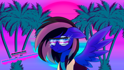 Size: 1920x1080 | Tagged: safe, artist:nevermore228, oc, oc only, oc:driftor, species:pegasus, species:pony, blue background, blue eyes, clothing, commission, floppy ears, glasses, gradient background, jacket, looking at you, male, neon, palm tree, pegasus oc, pink background, retro, retrowave, simple background, solo, sparkles, spread wings, stallion, sun, synthwave, tree, two toned mane, wings, ych result