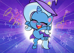 Size: 1489x1080 | Tagged: safe, artist:meqiopeach, edit, edited screencap, screencap, character:trixie, species:pony, species:unicorn, episode:friendship gems, g4.5, my little pony: pony life, my little pony:pony life, spoiler:pony life s01e17, blushing, cape, clothing, confetti, cute, diatrixes, explosion, eyes closed, female, happy, hat, hooves in air, jumping, manip, on one hoof, raised hoof, raised leg, solo, sparkles, stars, tricks up my sleeve, trixie's cape, trixie's hat
