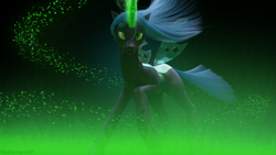 Size: 3840x2160 | Tagged: safe, artist:radiomann01, character:queen chrysalis, species:changeling, 3d, blender, changeling queen, fangs, female, high res, magic, magic aura, missing accessory, motion blur, open mouth, render, simple background, solo, wind, windswept mane, wings
