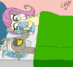 Size: 1619x1492 | Tagged: safe, artist:cafakero, character:discord, character:fluttershy, species:draconequus, species:pony, ship:discoshy, my little pony:pony life, ah yes me my girlfriend and her x, bed, body pillow, female, finn tastic, grin, male, mare, meme, shipping, smiling, straight