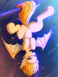 Size: 966x1280 | Tagged: safe, artist:shoggoth-tan, oc, oc only, oc:pudding, species:bat pony, species:pony, bat pony oc, bat wings, hanging, night, open mouth, solo, wings
