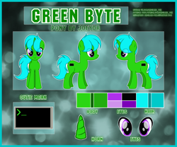 Size: 1920x1600 | Tagged: safe, artist:angelina-pax, oc, oc only, oc:green byte, species:pony, species:unicorn, color palette, commission, cutie mark, horn, male, reference sheet, solo, stallion, unicorn oc, ych result