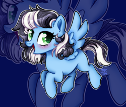 Size: 1298x1100 | Tagged: safe, artist:meqiopeach, oc, oc only, oc:buffonsmash, species:pegasus, species:pony, black, black and white mane, blue, blushing, colored, commission, cute, digital, eye, eye lashes, eyes, eyes open, femboy, flying, green eyes, lashes on male, lined, looking back, male, pegasus oc, shading, smiling, solo, spread wings, stallion, white, wings, zoom layer