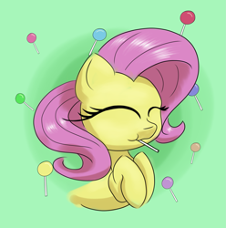 Size: 2731x2757 | Tagged: safe, artist:itchystomach, character:fluttershy, species:pegasus, species:pony, g4, candy, colored, cute, digital art, eyes closed, female, food, happy, lollipop, mare, shyabetes, solo