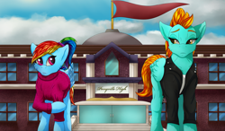 Size: 1832x1067 | Tagged: safe, artist:crimsonwolf360, character:lightning dust, character:rainbow dash, species:pegasus, species:pony, g4, building, clothing, high school, jacket, looking at each other, raised hoof, school, sweater