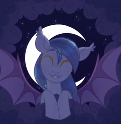 Size: 2008x2051 | Tagged: safe, artist:n in a, oc, oc only, species:bat pony, species:pony, g4, bat wings, bust, cloud, commission, cute, eyebrows, eyes closed, fangs, female, grin, high res, mare, moon, night, smiling, smiling at you, solo, spread wings, stars, wings