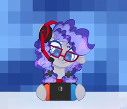 Size: 2048x1754 | Tagged: safe, artist:n in a, oc, oc only, oc:cinnabyte, species:earth pony, species:pony, g4, adorkable, bandana, cute, dork, earth pony oc, gaming, gaming headset, glasses, headphones, headset, nintendo switch, smiling, switch, wingding eyes