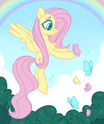 Size: 1731x2048 | Tagged: safe, artist:n in a, character:fluttershy, species:pegasus, species:pony, g4, butterfly, chest fluff, cute, female, flying, rainbow, shyabetes, smiling, solo, wingding eyes