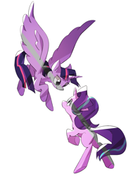 Size: 1100x1400 | Tagged: safe, artist:cofotory, character:starlight glimmer, character:twilight sparkle, character:twilight sparkle (alicorn), species:alicorn, species:pony, species:unicorn, g4, duo, duo female, female, flying, looking at each other, mare, missing cutie mark, simple background, spread wings, white background, wings