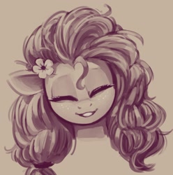 Size: 1479x1489 | Tagged: safe, artist:napalm express, character:pear butter, species:earth pony, species:pony, g4, bust, explicit source, female, flower, flower in hair, mare, monochrome, simple background, smiling, solo