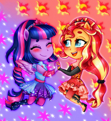 Size: 1100x1200 | Tagged: safe, artist:meqiopeach, character:sunset shimmer, character:twilight sparkle, character:twilight sparkle (scitwi), species:eqg human, ship:scitwishimmer, ship:sunsetsparkle, equestria girls:forgotten friendship, g4, my little pony: equestria girls, my little pony:equestria girls, art, blushing, charm, chibi, clothing, cutie mark, cutie mark background, drawing, dress, female, floating, full body, holding hands, lesbian, love, ponied up, shipping, smiling, stars, sun, super ponied up, wings