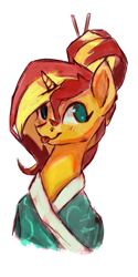 Size: 1280x2566 | Tagged: safe, artist:terrafomer, character:sunset shimmer, species:pony, species:unicorn, g4, alternate hairstyle, bust, clothing, cute, female, kimono (clothing), portrait, shimmerbetes, simple background, solo, tongue out