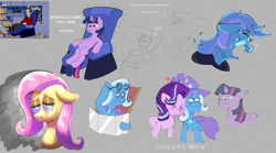 Size: 2056x1140 | Tagged: safe, artist:another_pony, character:applejack, character:fluttershy, character:lyra heartstrings, character:princess celestia, character:spike, character:starlight glimmer, character:trixie, character:twilight sparkle, character:twilight sparkle (alicorn), species:alicorn, species:dragon, species:earth pony, species:pegasus, species:pony, species:unicorn, ship:startrix, g4, art dump, bust, cape, clothing, crying, dialogue, female, fluttershy is not amused, gray background, hat, lesbian, mare, massage chair, open mouth, shipping, simple background, simpsons did it, sitting, sketch, sketch dump, sunbathing, sunglasses, the simpsons, trixie's cape, trixie's hat, twilight is not amused, unamused, upset