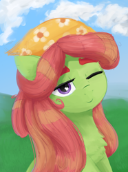 Size: 1486x2000 | Tagged: safe, artist:some_ponu, character:tree hugger, species:earth pony, species:pony, g4, cute, female, huggerbetes, one eye closed, solo, wink