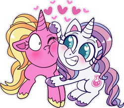 Size: 872x761 | Tagged: safe, artist:ch0c0butt, character:luster dawn, character:potion nova, species:pony, species:unicorn, ship:lusternova, g4, my little pony:pony life, alternate hairstyle, blushing, cheek squish, female, grin, heart, heart eyes, hug, lesbian, mare, one eye closed, shipping, simple background, smiling, squishy cheeks, transparent background, unshorn fetlocks, wingding eyes