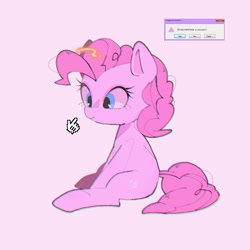Size: 1500x1500 | Tagged: safe, artist:destroyer_aky, character:pinkie pie, species:earth pony, species:pony, g4, cursor, female, gradient background, hand, mare, mouse cursor, pink background, question mark, simple background, sitting, smiling, solo, text, wat