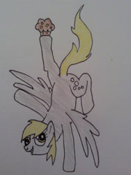 Size: 1920x2560 | Tagged: safe, artist:dragon-flash, character:derpy hooves, species:pegasus, species:pony, g4, balancing, female, food, mare, muffin, spread wings, standing, standing on one leg, traditional art, wings