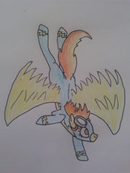 Size: 1920x2560 | Tagged: safe, artist:dragon-flash, character:spitfire, species:pegasus, species:pony, g4, clothing, female, flying, mare, no pupils, solo, traditional art, uniform, wonderbolts uniform