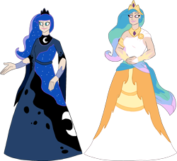 Size: 1966x1789 | Tagged: safe, artist:dragon-flash, character:princess celestia, character:princess luna, species:human, g4, clothing, dress, duo, female, humanized, long dress, simple background, transparent background