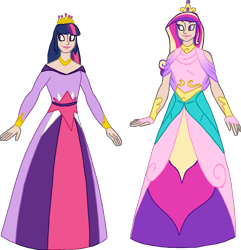 Size: 1699x1764 | Tagged: safe, artist:dragon-flash, character:princess cadance, character:twilight sparkle, species:human, g4, clothing, dress, duo, female, humanized, long dress, simple background, transparent background