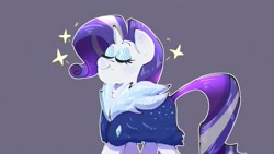 Size: 1920x1080 | Tagged: safe, artist:another_pony, character:rarity, species:pony, species:unicorn, episode:the last problem, g4, my little pony: friendship is magic, chest fluff, cloak, clothing, eyes closed, eyeshadow, female, gray background, makeup, mare, older, older rarity, simple background, skunk stripe, smiling, solo, sparkles