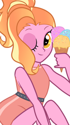 Size: 1080x1920 | Tagged: safe, artist:sallyso, character:luster dawn, species:eqg human, g4, my little pony:equestria girls, alternate hairstyle, belt, clothing, dress, equestria girls-ified, eyeshadow, female, food, ice cream, ice cream cone, makeup, one eye closed, simple background, solo, white background, wink