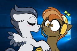 Size: 1200x800 | Tagged: safe, artist:ch0c0butt, character:button mash, character:rumble, species:earth pony, species:pegasus, species:pony, g4, alternate hairstyle, blushing, clothing, colored wings, colored wingtips, controller, eyes closed, gay, hat, headset, kissing, male, older, older button mash, older rumble, propeller hat, rumblemash, shipping, stallion, surprised, unshorn fetlocks