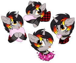 Size: 1864x1548 | Tagged: safe, artist:unichan, oc, oc only, oc:moonshine, species:pony, species:unicorn, g4, clothing, collar, commission, cute, female, flannel, flannel shirt, heart, heart pillow, hoofless socks, pillow, simple background, solo, stockings, thigh highs, tongue out, transparent background, ych result