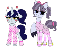 Size: 2069x1600 | Tagged: safe, artist:ch0c0butt, artist:icey-wicey-1517, edit, character:inky rose, character:moonlight raven, species:pegasus, species:pony, species:unicorn, g4, alternate hairstyle, anklet, bow, bracelet, clothing, collaboration, color edit, colored, deely bobbers, dress, duo, ear piercing, earring, eyeshadow, female, girly, hair bow, hairband, heart, jewelry, makeup, mare, piercing, ponytail, simple background, socks, striped socks, sweater, transparent background