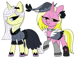 Size: 2069x1600 | Tagged: safe, artist:ch0c0butt, artist:icey-wicey-1517, edit, character:lily lace, character:sunshine smiles, species:bat, species:pony, species:unicorn, g4, alternate hairstyle, boots, choker, clothing, collaboration, color edit, colored, dress, duo, ear piercing, earring, feather, female, goth, hat, jewelry, mare, piercing, raised hoof, shoes, simple background, skirt, skull, socks, spiked wristband, stockings, thigh highs, torn clothes, transparent background, unshorn fetlocks, witch hat, wristband