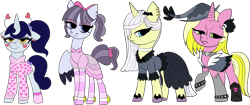 Size: 1280x536 | Tagged: safe, artist:ch0c0butt, artist:icey-wicey-1517, edit, character:inky rose, character:lily lace, character:moonlight raven, character:sunshine smiles, species:bat, species:pegasus, species:pony, species:unicorn, g4, alternate hairstyle, anklet, boots, bow, bracelet, choker, clothing, collaboration, color edit, colored, deely bobbers, dress, duo, ear piercing, earring, eyeshadow, feather, female, girly, goth, hair bow, hairband, hat, heart, jewelry, makeup, mare, piercing, ponytail, raised hoof, shoes, simple background, skirt, skull, socks, spiked wristband, stockings, striped socks, sweater, thigh highs, torn clothes, transparent background, unshorn fetlocks, witch hat, wristband