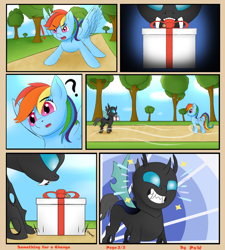 Size: 1800x2000 | Tagged: safe, artist:ponyxwright, character:rainbow dash, species:changeling, species:pegasus, species:pony, comic:something for a change, g4, cloud, comic, gift box, grass, present, sky, tree