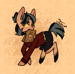 Size: 1860x1845 | Tagged: safe, artist:starfello, oc, oc only, species:pony, species:unicorn, g4, broken horn, clothing, horn, mouth hold, paper bag, shorts, signature, solo, unicorn oc
