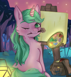Size: 1731x1865 | Tagged: safe, artist:starfello, oc, oc only, species:pony, species:unicorn, g4, bag, canvas, cheek fluff, chest fluff, glowing horn, horn, magic, mouth hold, one eye closed, outdoors, paintbrush, palette, sitting, solo, stars, telekinesis, twilight (astronomy), unicorn oc, wink