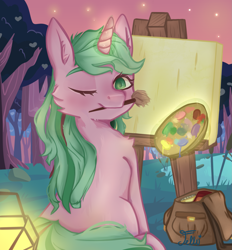 Size: 1731x1865 | Tagged: safe, alternate version, artist:starfello, oc, oc only, species:pony, species:unicorn, g4, bag, canvas, cheek fluff, chest fluff, glowing horn, horn, magic, mouth hold, one eye closed, outdoors, paintbrush, palette, sitting, solo, stars, telekinesis, twilight (astronomy), unicorn oc, wink