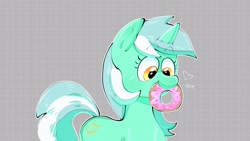 Size: 1920x1080 | Tagged: safe, artist:another_pony, character:lyra heartstrings, species:pony, species:unicorn, g4, abstract background, cute, donut, female, food, heart, lyrabetes, mare, mouth hold, nom, solo, text