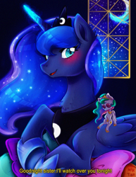 Size: 917x1185 | Tagged: safe, artist:meqiopeach, character:princess celestia, character:princess luna, species:alicorn, species:pony, g4, art, blushing, bust, commission, cute, drawing, dream, female, glowing horn, glowing mane, horn, indoors, lunabetes, magic, mare, moon, moonlight, night, night sky, plushie, quote, shading, shadow, sky, solo, sparkles, toy, ych example, ych result