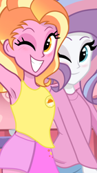 Size: 1080x1920 | Tagged: safe, artist:sallyso, character:luster dawn, character:potion nova, ship:lusternova, g4, my little pony:equestria girls, alternate hairstyle, armpits, blushing, clothing, equestria girls-ified, eyeshadow, female, grin, hug, jeans, lesbian, makeup, one eye closed, pants, shipping, skirt, smiling, sweater, tank top, wink