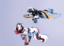 Size: 2200x1600 | Tagged: safe, artist:kookiebeatz, oc, oc only, oc:crypto crush, oc:cyber snipe, species:earth pony, species:pegasus, species:pony, g4, amputee, artificial wings, augmented, bandana, belt, biohacking, boots, brother and sister, choker, clothing, commission, cyber-questria, cyborg, female, freckles, goggles, gun, handgun, headphones, headset, jacket, male, mare, markings, multicolored hair, pistol, prosthetic leg, prosthetic limb, prosthetic wing, prosthetics, shoes, shorts, siblings, spiked choker, stallion, wings