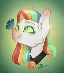 Size: 1623x1863 | Tagged: safe, artist:starfello, oc, species:earth pony, species:pony, g4, bust, butterfly, collar, ear fluff, earth pony oc, multicolored hair, rainbow hair, signature, smiling
