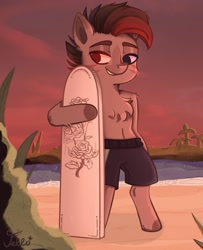 Size: 1280x1575 | Tagged: safe, artist:starfello, oc, oc only, species:earth pony, species:pony, g4, beach, bipedal, chest fluff, clothing, earth pony oc, heterochromia, male, outdoors, shorts, smiling, solo, stallion, surfboard