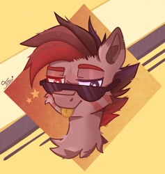 Size: 1280x1349 | Tagged: safe, artist:starfello, oc, oc only, species:earth pony, species:pony, g4, abstract background, blep, bust, chest fluff, earth pony oc, heterochromia, male, signature, solo, stallion, sunglasses, tongue out