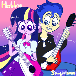 Size: 1600x1600 | Tagged: safe, artist:ch0c0butt, character:flash sentry, character:twilight sparkle, character:twilight sparkle (eqg), species:eqg human, ship:flashlight, g4, my little pony:equestria girls, alternate hairstyle, bow tie, clothing, female, grin, guitar, hoodie, jeans, male, musical instrument, pants, shipping, shirt, skirt, smiling, straight, tongue out