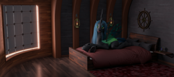 Size: 4554x2040 | Tagged: safe, artist:radiomann01, character:queen chrysalis, species:changeling, g4, 3d, bed, bedroom eyes, carpet, changeling queen, compass, detailed background, fangs, female, fire, grin, high res, horn, lantern, looking at you, lying down, lying on bed, mane, on bed, open mouth, prone, render, sharp teeth, ship, smiling, solo, steering wheel, tail, teeth, window, wings, wooden floor