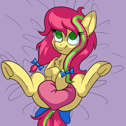 Size: 2048x2048 | Tagged: safe, artist:nevermore228, oc, oc:linseed, species:pony, g4, blushing, covering, cute, dock, female, frog (hoof), heart, heart pillow, hug, lying down, on back, pillow, pillow hug, solo, strategically covered, underhoof
